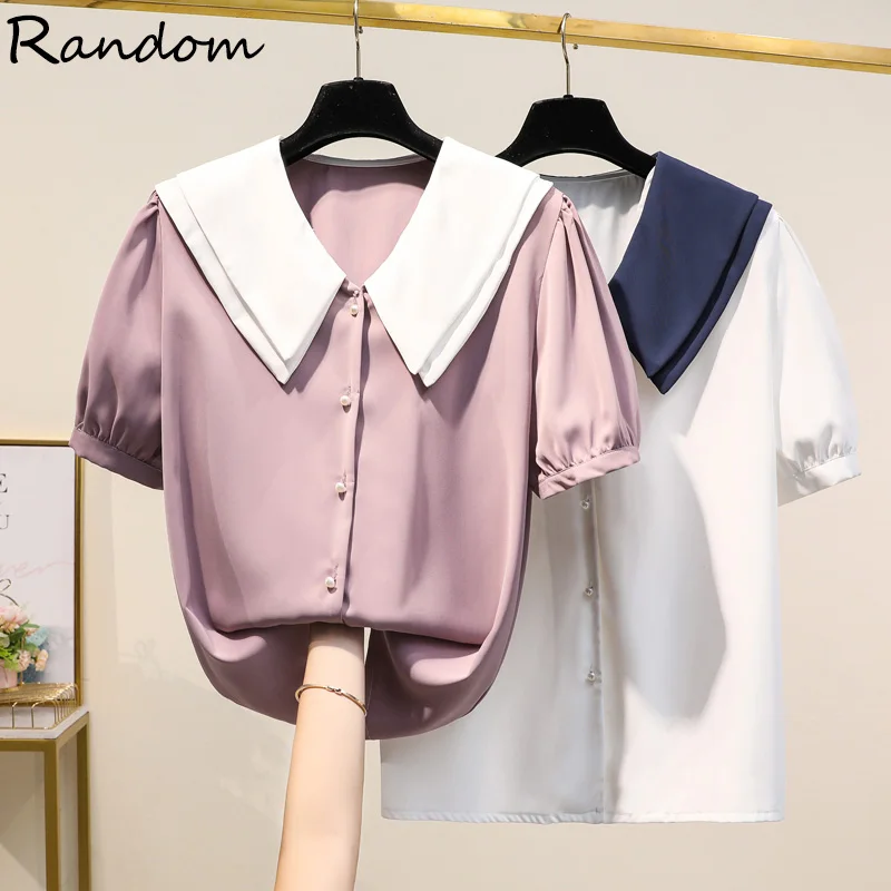 

Женская шифоновая блузка, элегантная рубашка белого и розового цветов с пышным коротким рукавом, летний топ, 2021