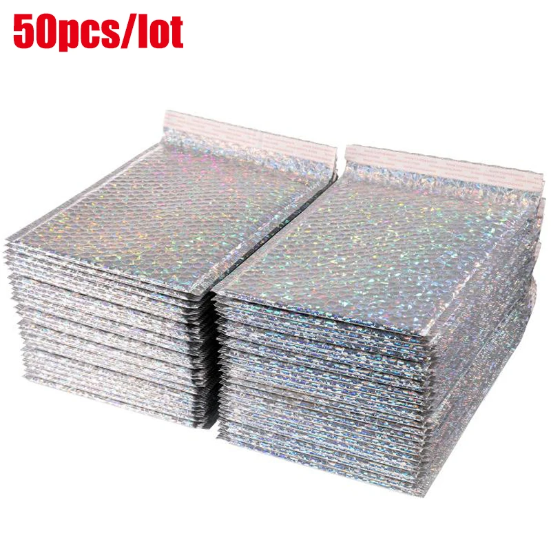 50PCS/Pack Laser Silver Packaging Shipping Bubble Mailer Foil Plastic Padded Envelope Gift Bag Mailing Envelope Bag