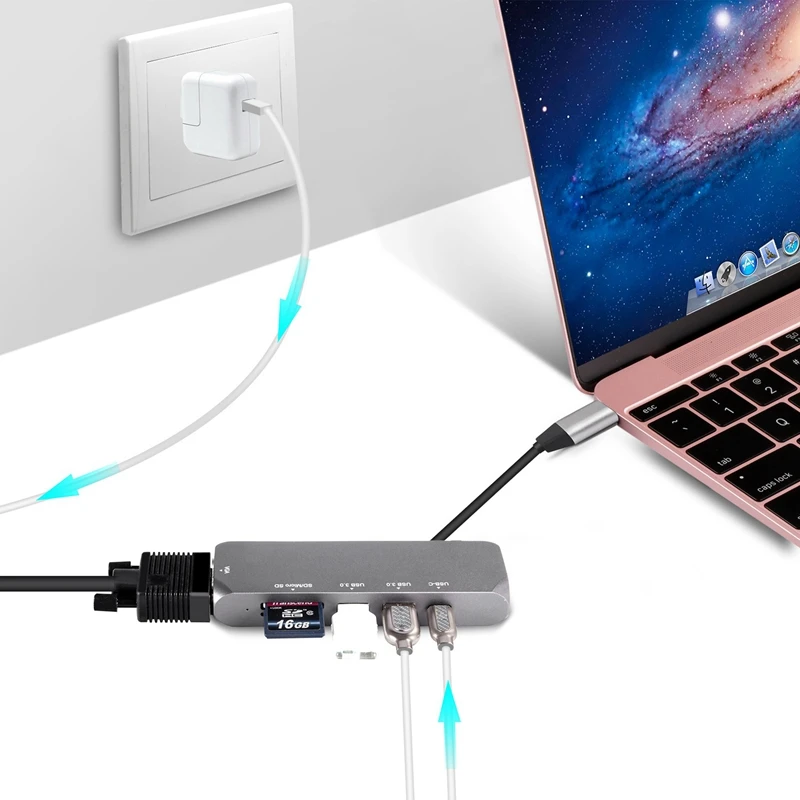 Полный тип C к Vga концентратор адаптер + Pd Usb 3 0X2 Sd/Tf конвертер для Pro/Pc/Switch/Meeting/Game |