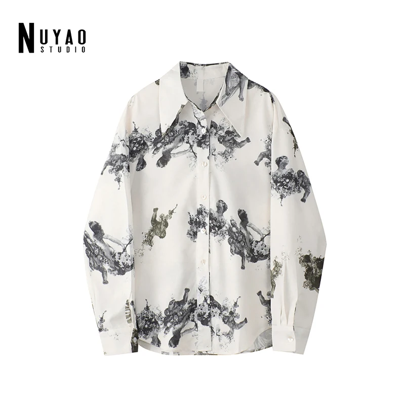 

Women Vintage Apricot Printed Big Size Casual Blouse New Oversized Long Sleeve Loose Fit Shirt Fashion Tide Female Summer 2022