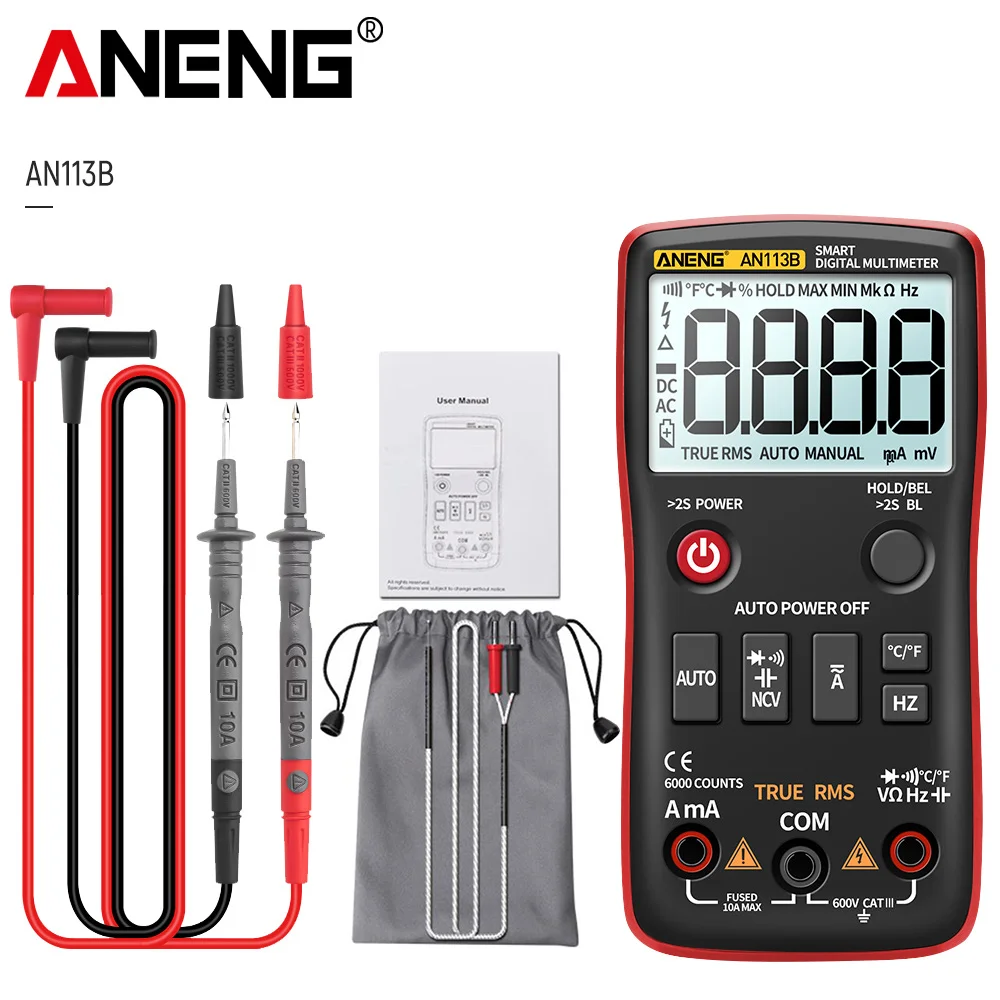 ANENG AN113B Digital Multimeter True RMS 6000 Counts Auto-Ranging AC/DC Transistor Voltage Meter with Temperature Tester CA