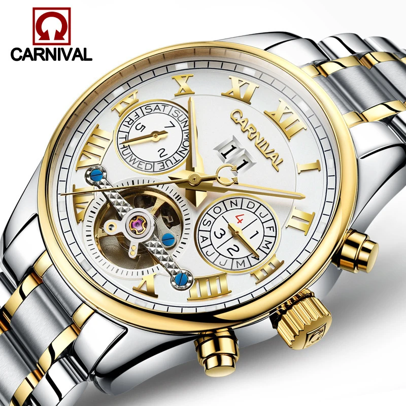 

Carnival Brand Luxury Gold Watch Men Fashion Military Mechanical Wristwatch Luminous Automatic Week Month Date Relogio Masculino