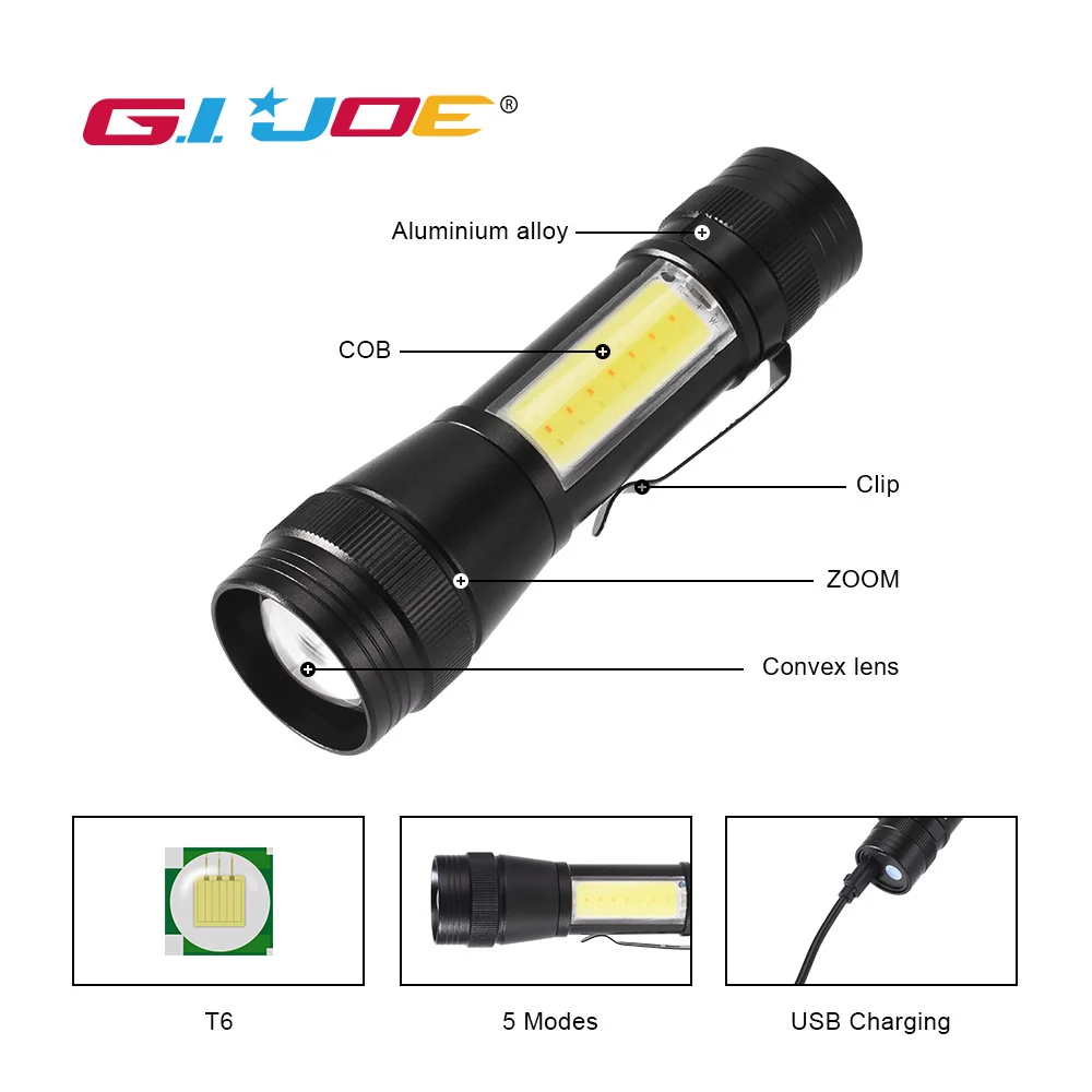 

Светодиодный фонарь GIJOE T6, лм, водонепроницаемый фонарик, usb Перезаряжаемый, 5 режимов, встроенный аккумулятор, мощный фонарь, масштабируемый...