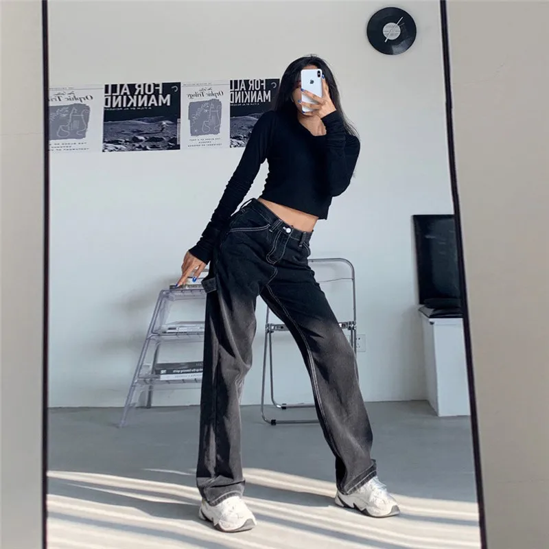 Джинсы женские прямые черные свободные с высокой талией и карманами | Женская