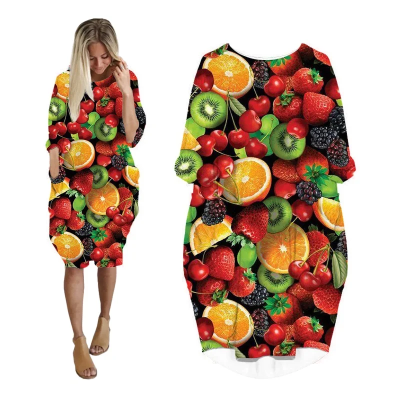 

Fashion Spring Summer Dress Fruit Dress Harajuku Women Dress Long-sleeve 3D Print Dresses for Women Undefined Woman Dress