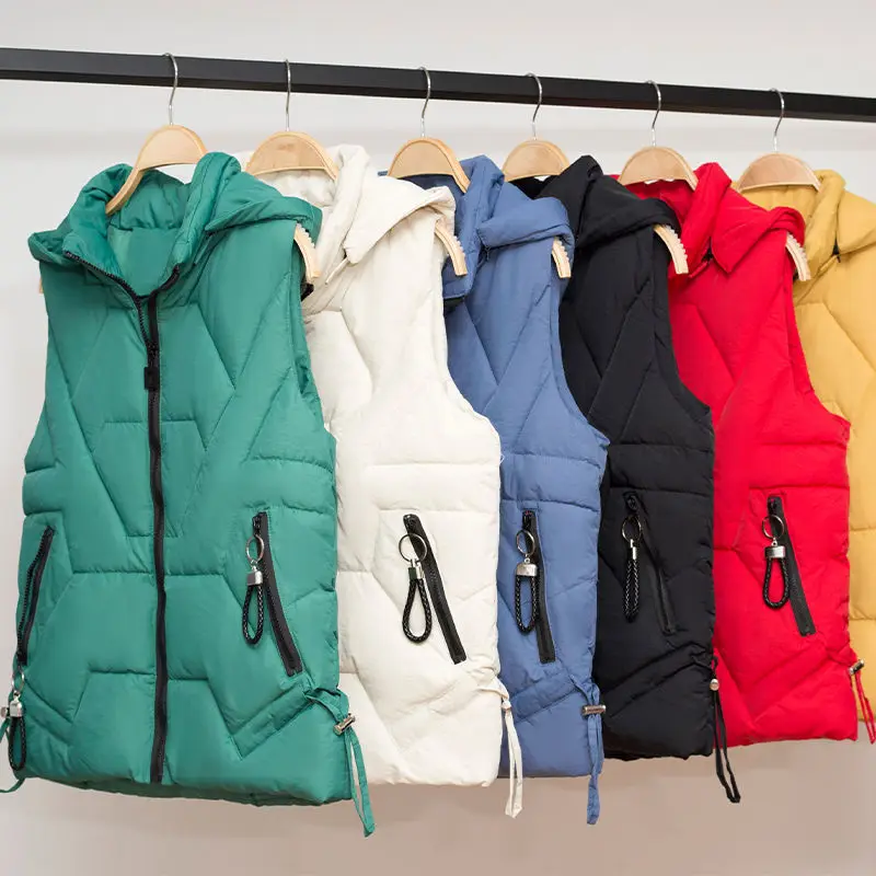 

2021 Autumn Winter Women Loose Thick Warm Vest Female Slim Hooded Down Cotton Waistcoat Female Solid Zipper Sleeveless Vest K663