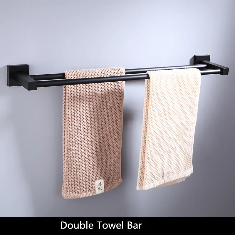 double towel bars Аксессуары для ванной комнаты полотенцесушитель бумажный держатель, вешалка для полотенец, держатель для туалетной щетки, держатель для полотенец алюминиевый черный набор аксессуаров для ванной комнаты - Цвет: double towel bars