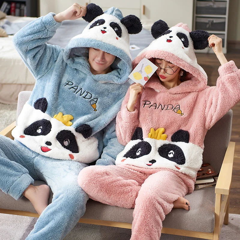 

Flannel Sleepwear Winter Women Kawaii Pink Hooded Pajamas Set Couple Long Sleeve Warm Coral Fleece Homewear Cute Panda Pajamas