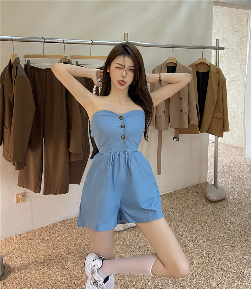 

Tube top jumpsuit women summer 3 buttons wrapped chest high waist jumpsuit wide leg shorts