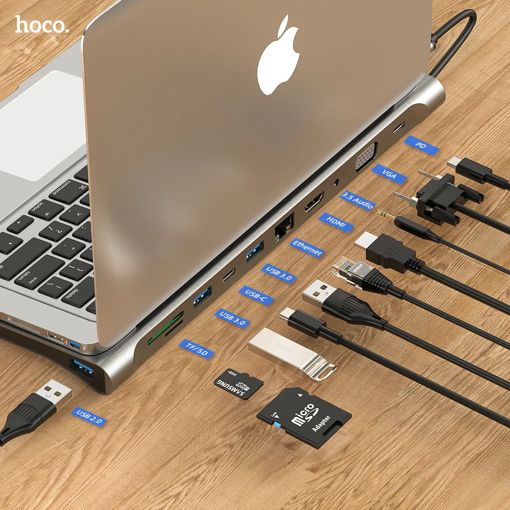 

HOCO USB C HUB Type C For Macbook Air USB C Type C HUB to HDMI-compatible VGA RJ45 Multi Ports USB 3.0 USBC Type-c HUB PD Power