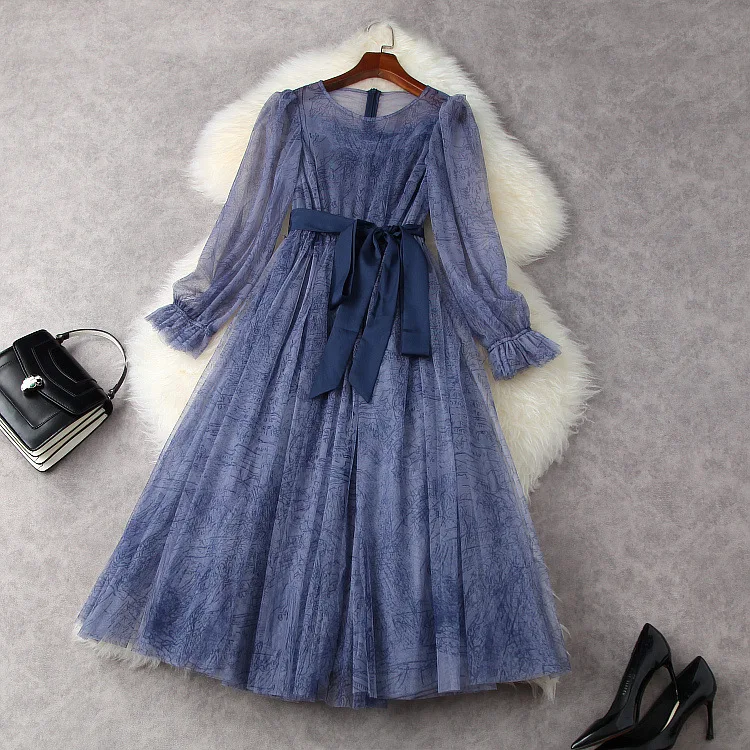 

2021 spring and summer women's new printed Lantern Sleeve lace up mid length large swing mesh dress t12033