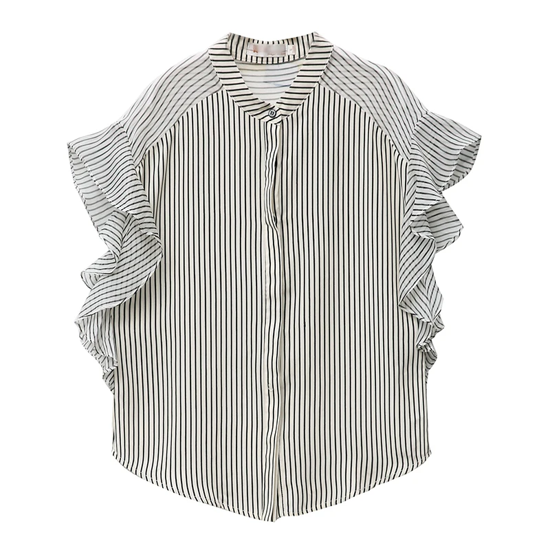 

COIGARSAM Short Sleeve Shirt Womens tops New Summer Striped Loose Chiffon Women shirts Stripe 6219