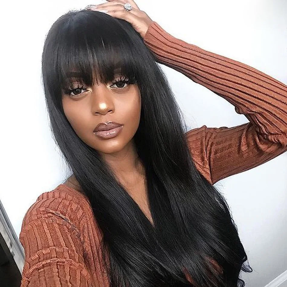 

Straight Human Hair Wig With Bangs Brazilian Remy Full Machine Made 8-30 Inch Fringe Wig Long Human Hair Wigs For Women