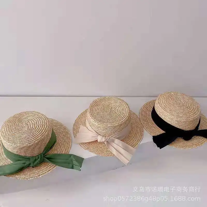 

2020 New Summer Parent-Child Sun Hat Able Women Block Hat Girl Bow Straw Vacation Seaside Beach Simple Casual Cap
