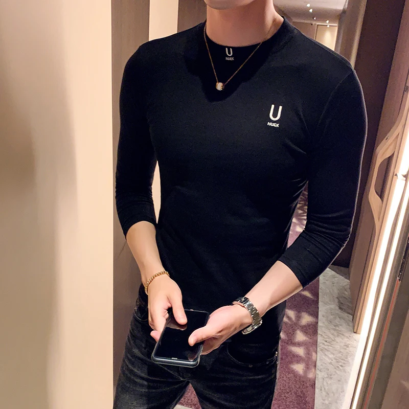 

Autumn 2020 T Shirt Men Round Neck Long-sleeved Casual Slim Fit T-shirt Half Turtleneck Streetwear Undershirt Top Brand Clothes