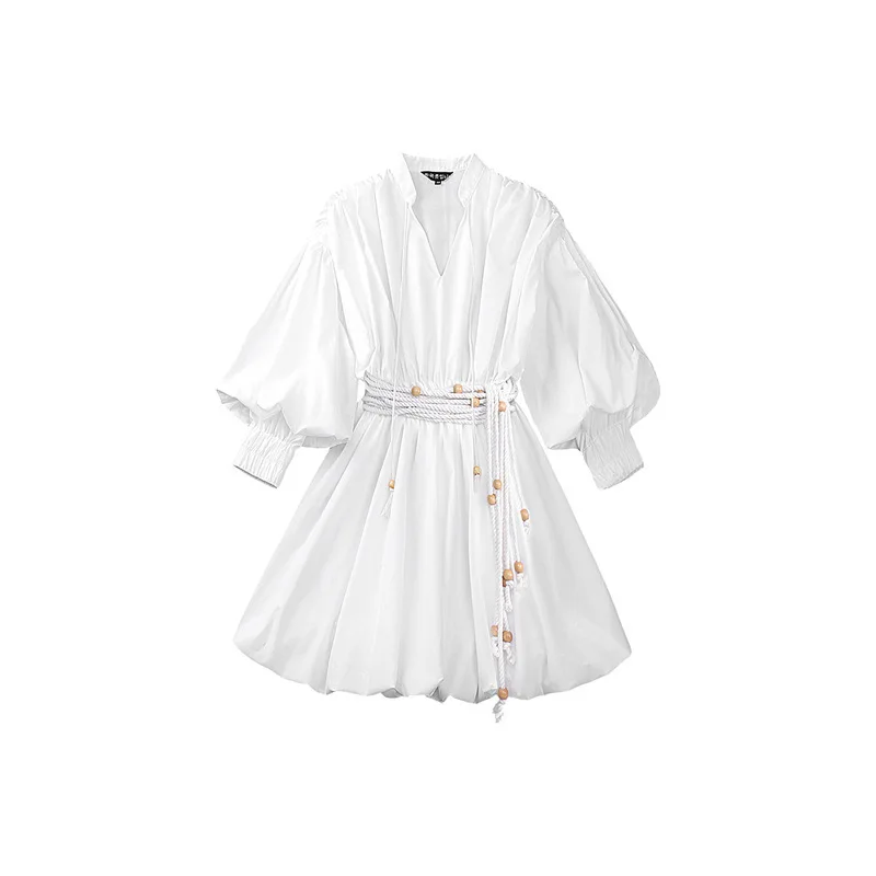 

2020 new dress star Tang Yan same V-neck lantern sleeve rope belt waist slim flower bud skirt women 2217