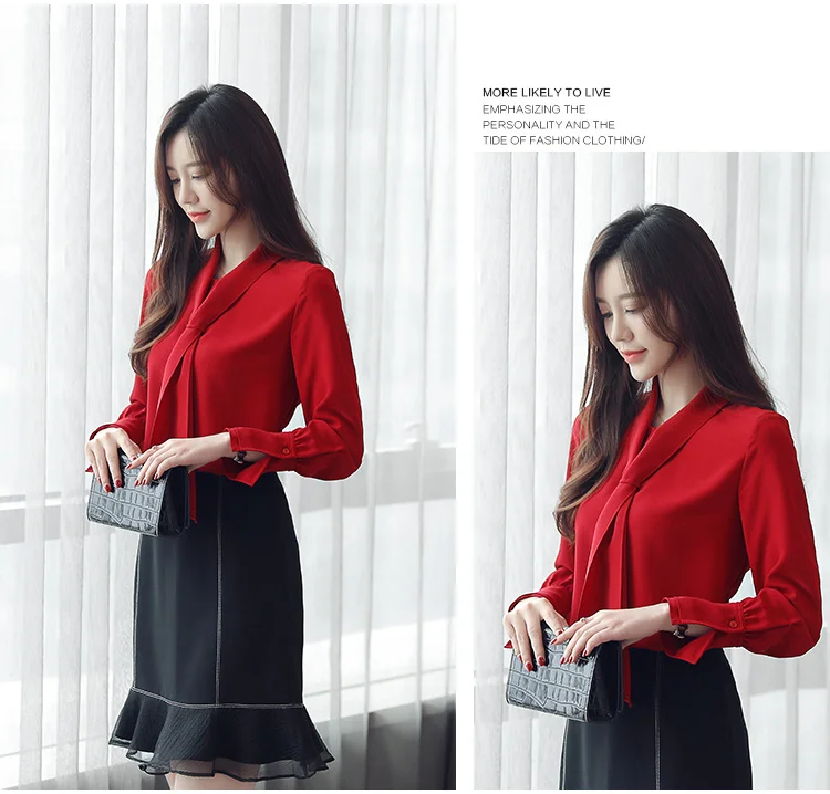 Женская блузка, офисный Топ с длинным рукавом, шифоновая блузка, blusas femininas elegante, с бантом, однотонная, с v-образным вырезом, красная одежда, женские топы 0412