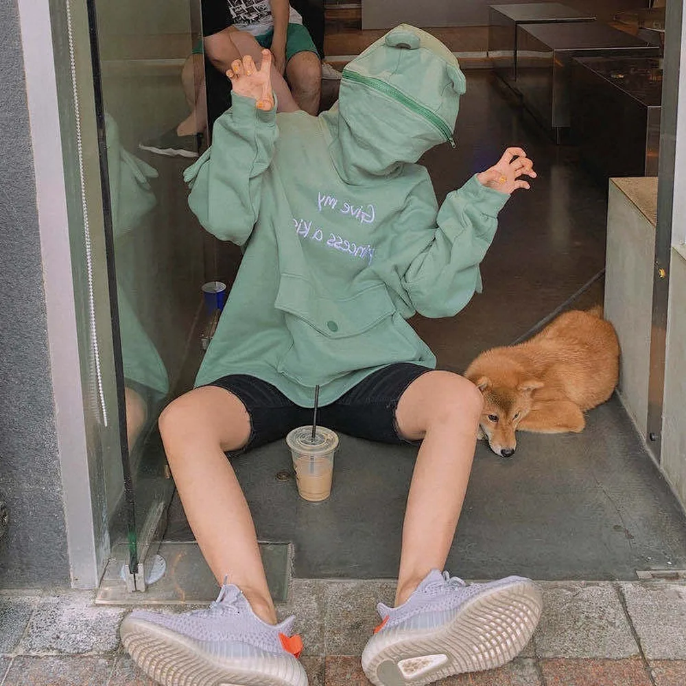 Women Cute Ear Frog Pullover Sweatshirt Mid-length Green Oversized Homewear Hoodies Creative Clothes 2020 Winter New | Женская одежда