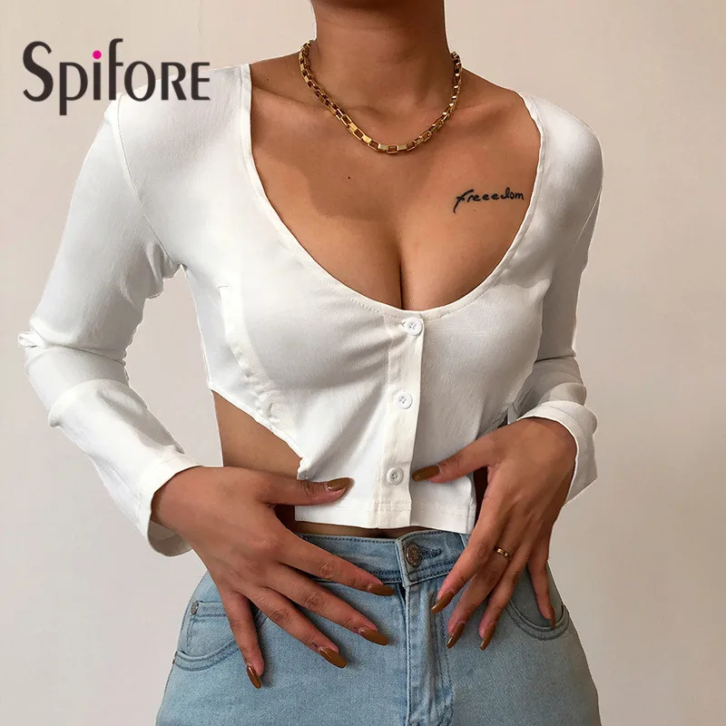 

Spifore Autumn Button Casual Women T-Shirt Fashion Long Sleeve V Neck Sexy Slim Crop Top White Pink Elegant Shirts