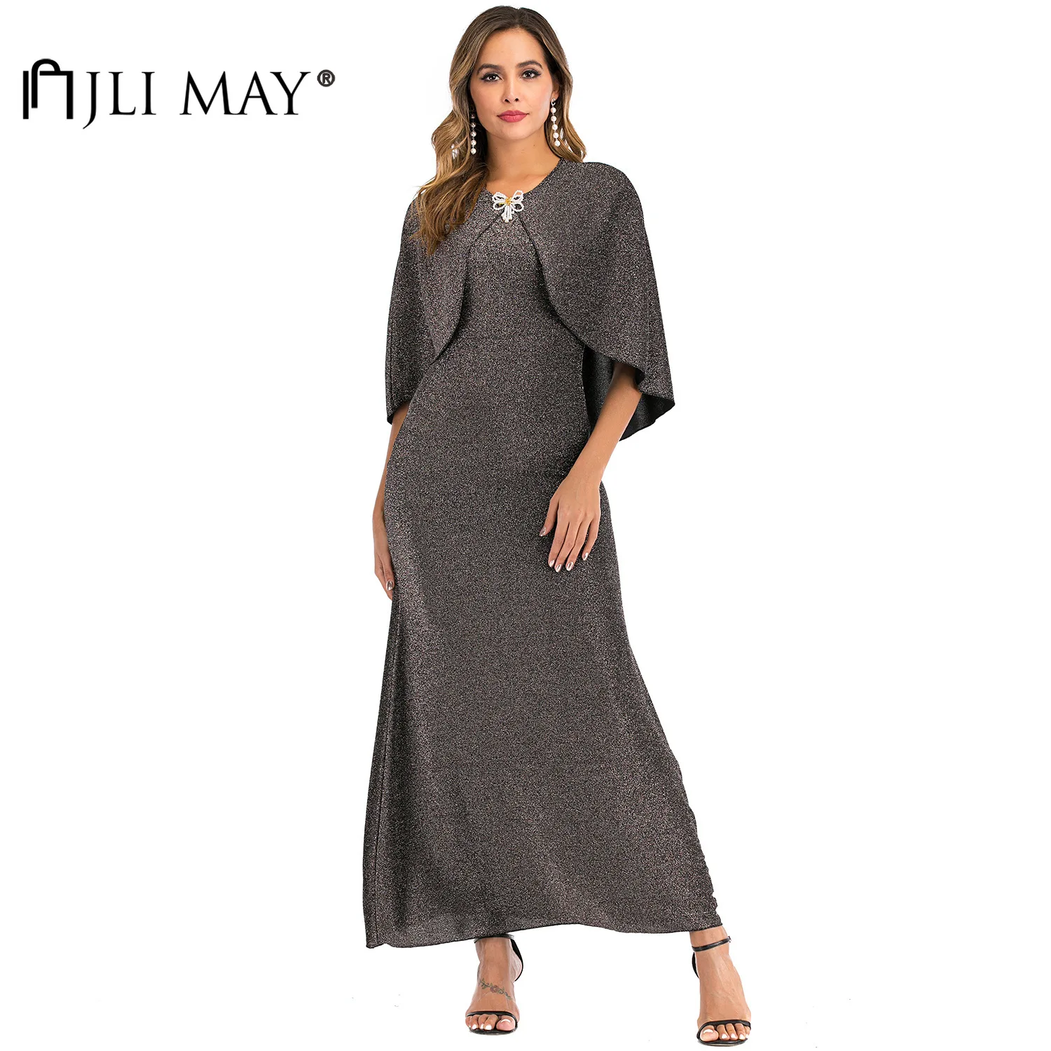

JLI MAY Women Elegant Maxi Dress Solid O-Neck Cloak Sleeves Patchwork Sequined Empire A-Line Party Night Slim Long Dresses
