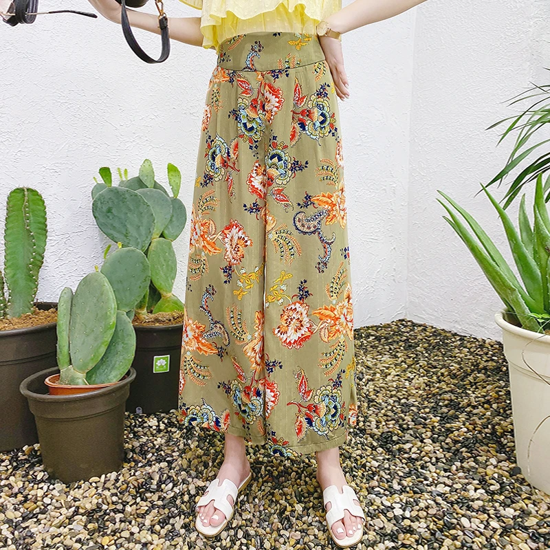 

Summer casual retro printing bohemian wide-leg pants elastic waist was thin high waist female holiday beach pants large size