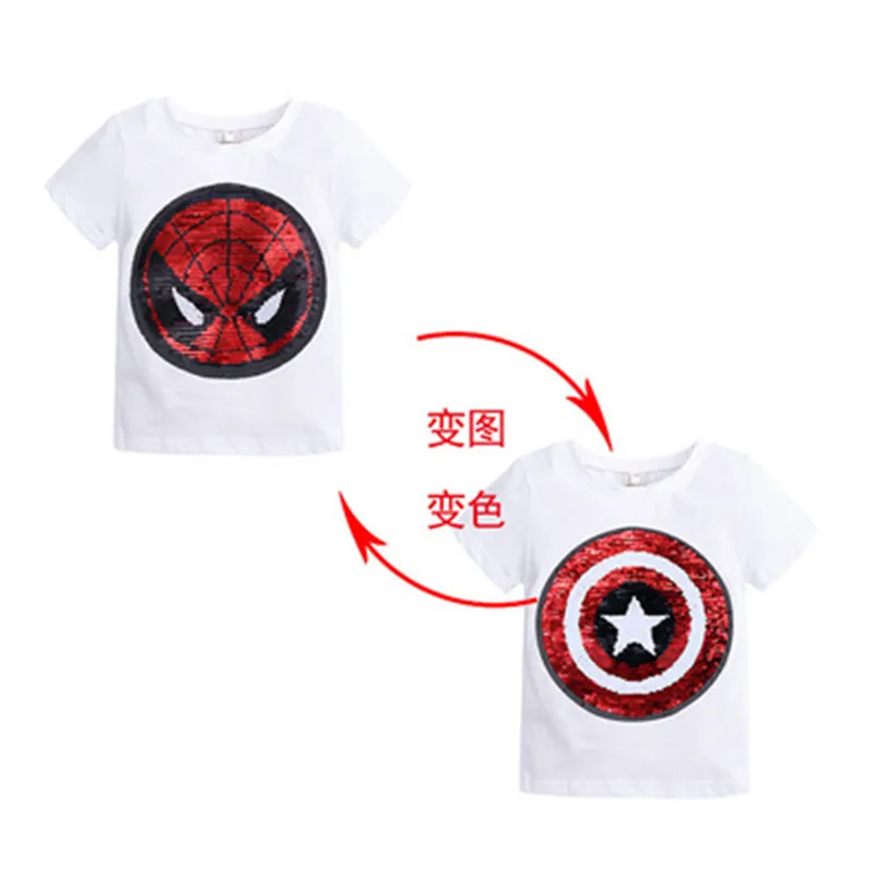 

Disney Summer T-Shirt Boys Superhero Sequin Reversible Tops Tees Kids Spiderman Face-changing Captain America T Shirt Children