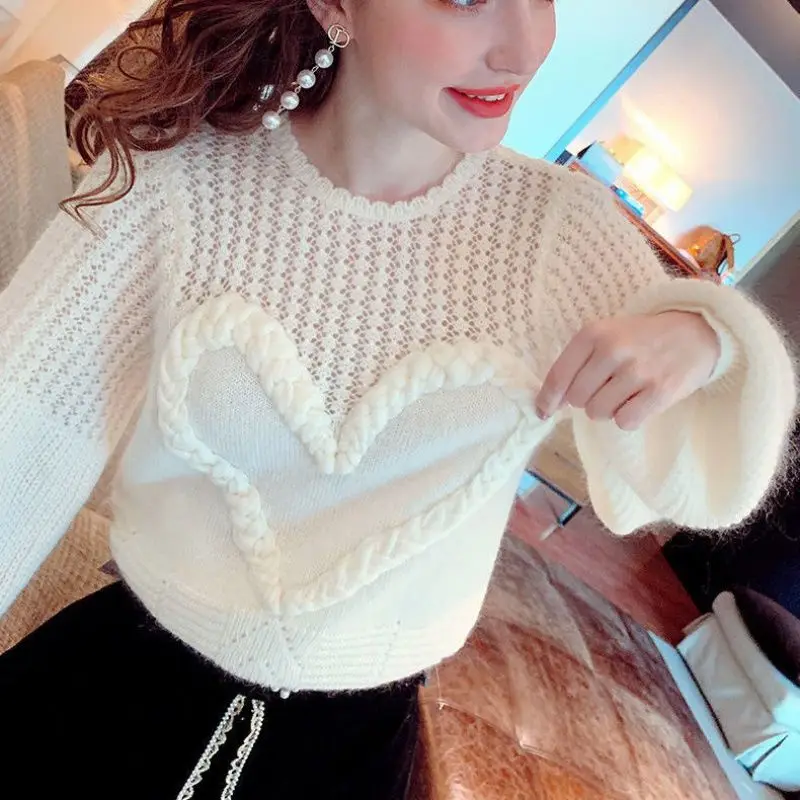 

Loose Korean Chic Gentle O Puff Sleeve Love Heart Sweater Women Hollow Out White Knitted Tops Pull Femme Wild Outwear Coat
