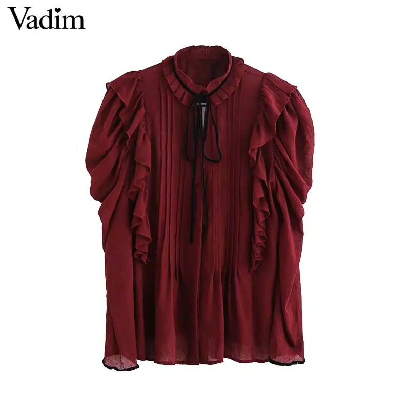 Vadim элегантная винно красная блузка с оборками длинным рукавом на завязках