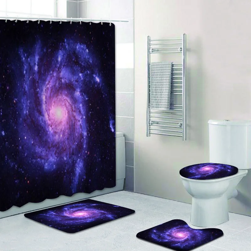 3D Nebula Spiral Galaxy Shower Curtains Set 4PCS Waterproof Universe Cosmos Bath Curtain for Bathroom Bath Mats Rug Toilet Decor