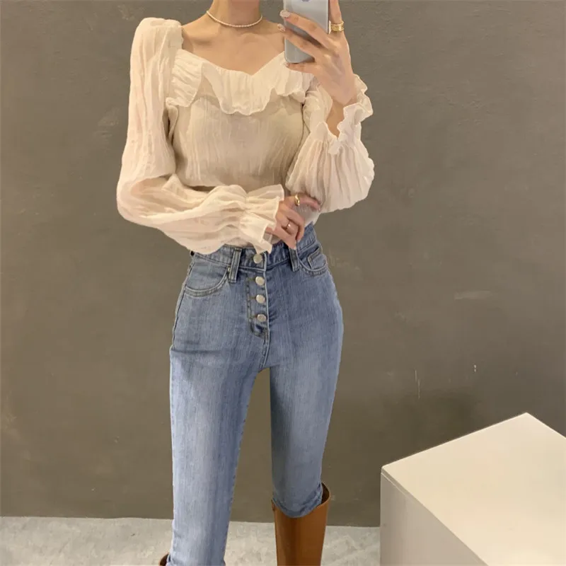 

RUGOD 2021 spring new pure color temperament fashion square collar female shirt with wooden ears