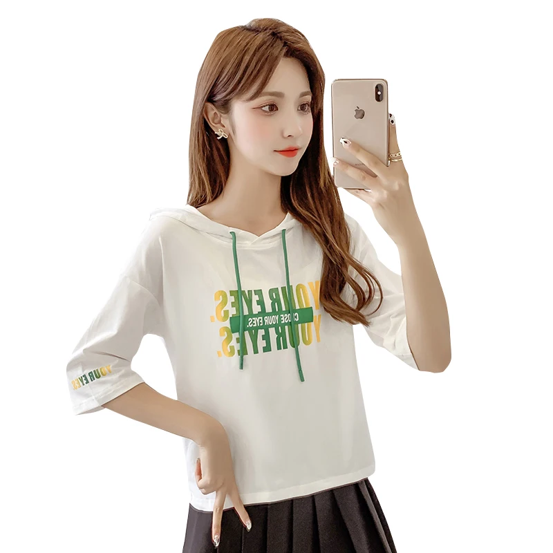 

Hooded Short-Sleeved T-shirt Women's Three-Quarter Sleeve 2020 Spring and Summer New Korean Style Loose Fashion Mid-Sleeve Top