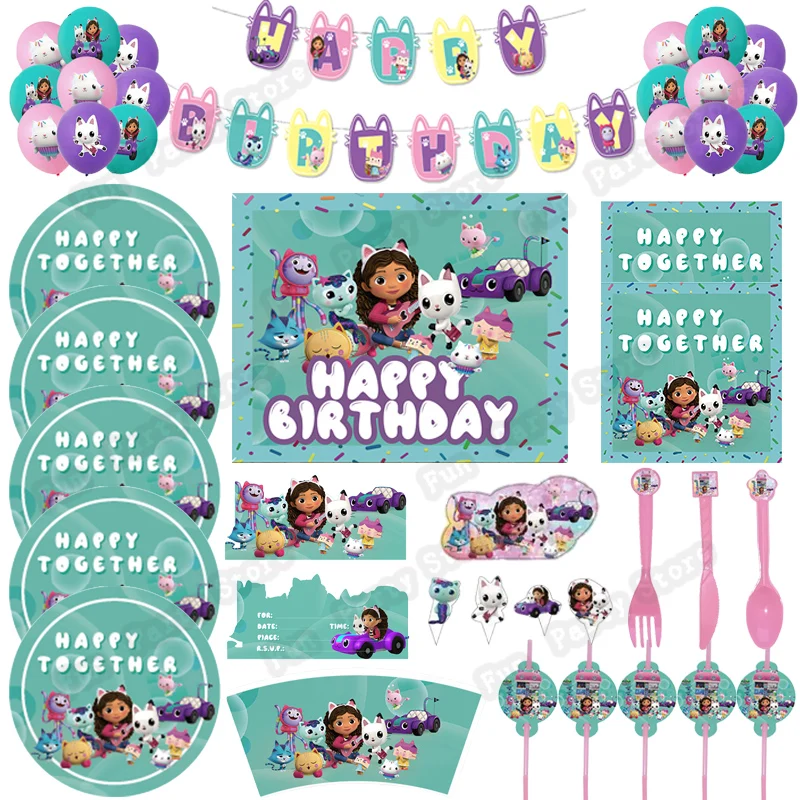 

Gabby Dollhouse Cats Birthday Party Decor Balloon Cupcake Topper Disposable Tableware Cup Plate Party Banner Baby Shower Supplie