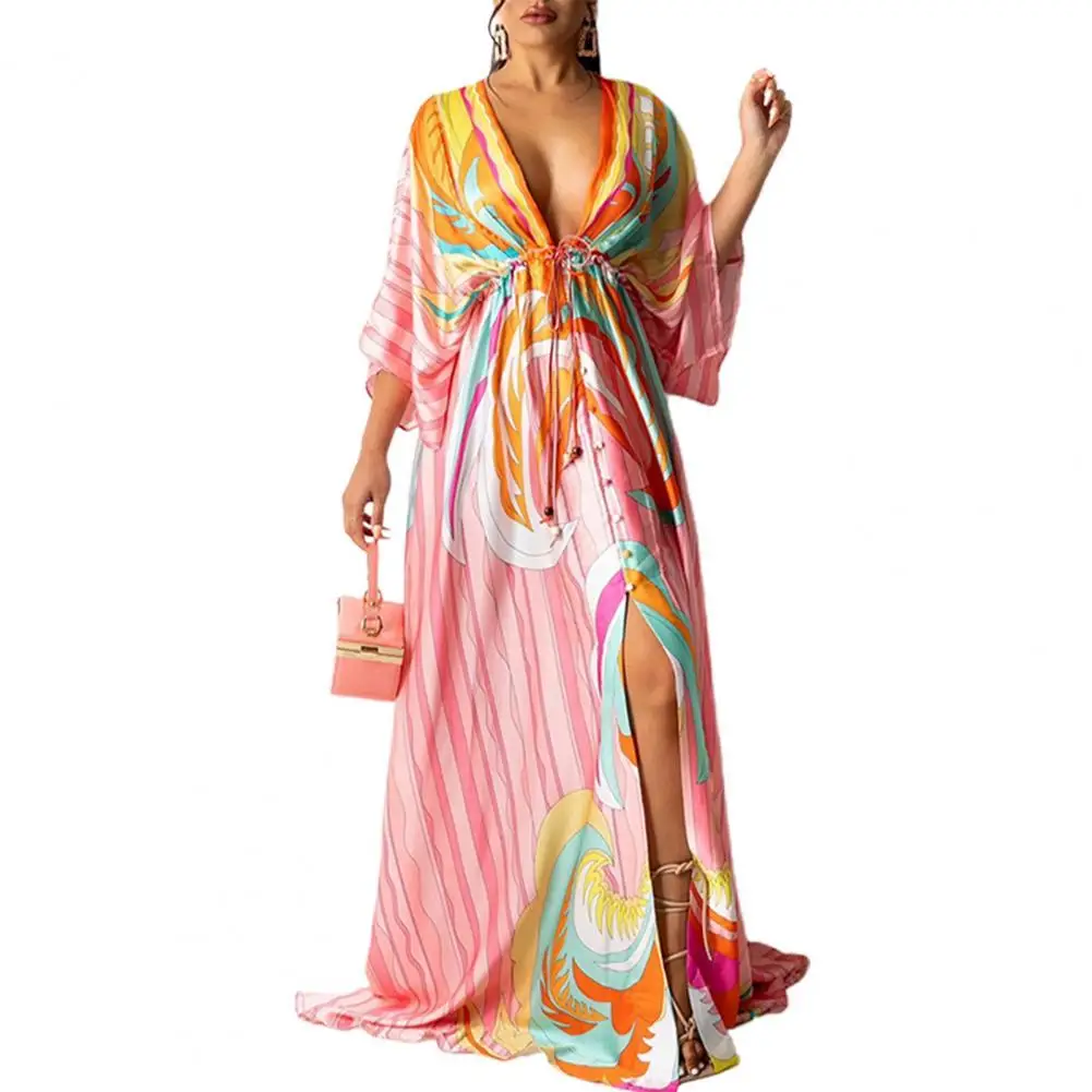 

Женское платье-макси с глубоким V-образным вырезом, до пола