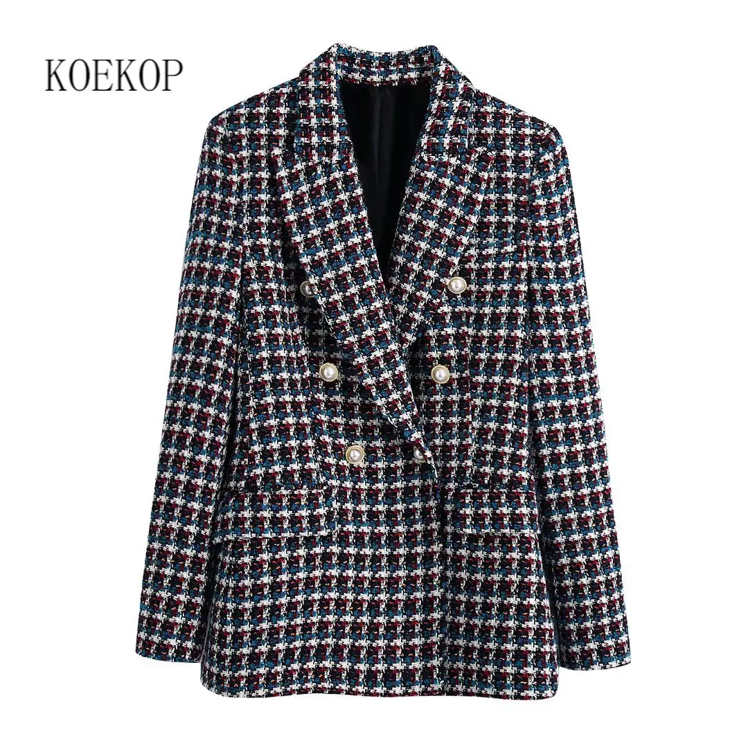 

Koekop Women Vintage Textured Check Blazer Lapel Collar Long Sleeves Double-breasted Chic Lady Office Lady Jacket Woman