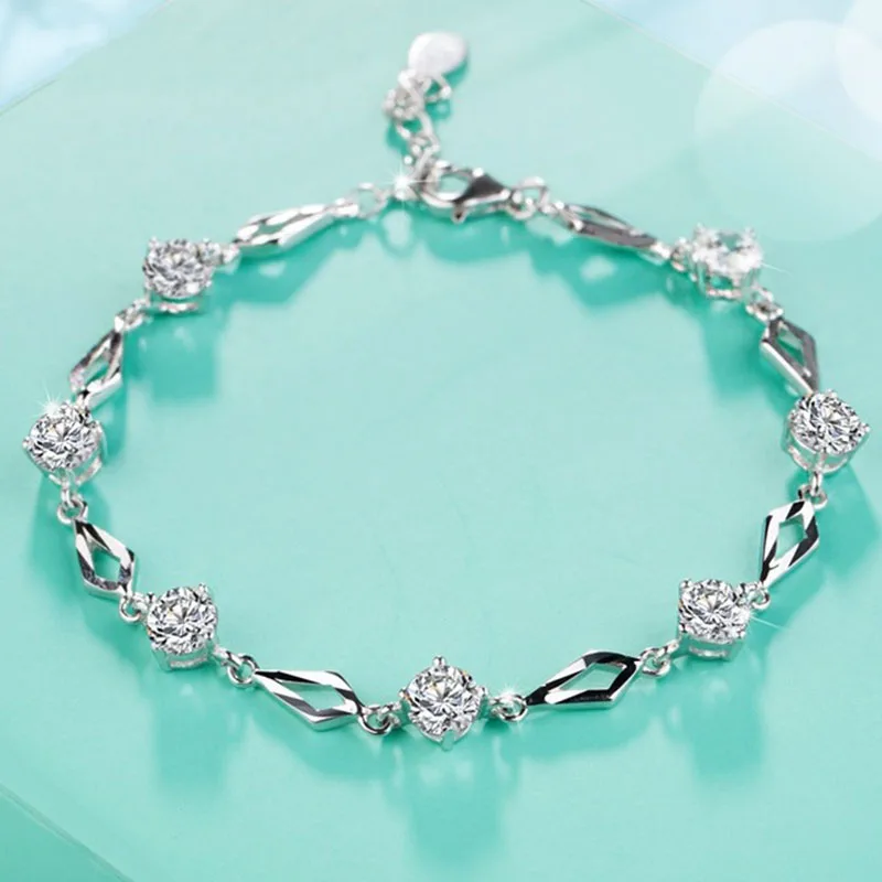 

New 925 Silver Love Fashion Temperament Diamond-shaped Flower Diamond Bracelet For Girl Hand Ornaments Plated Jewelry Wholesale