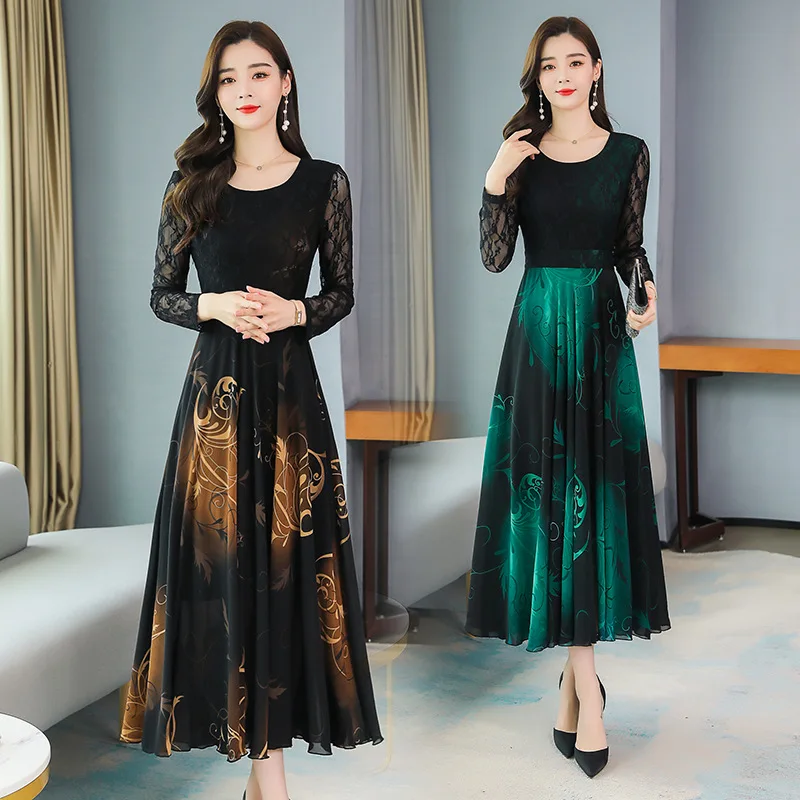 

Dress women long-sleeved 2021 autumn dress new temperament lady Mrs. Fan Gui middle-aged fancy lace dress mother dress
