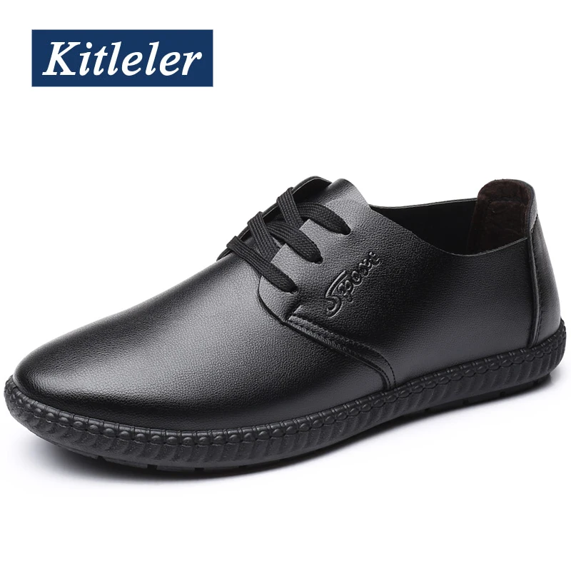 2020 Leather Shoes Men Fashion Casual Ligheweight Lace-up Footwear KITLELER Non-slip Moccasins Chaussure Homme | Обувь