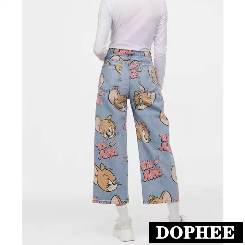 

Woman Jeans High Waist Loose Straight Pants 2020 New Fashion Korean Style Cartoon Printed Zipper Casual Female Long Trousers