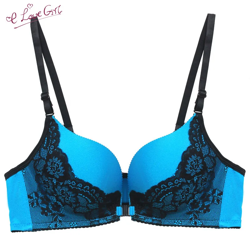 

E lovegirl 3/4 Cup Bra Sexy Front Buckle Beauty Back Lace Underwear Bra No Steel Ring Small Chest Gathered Blue Female Bra