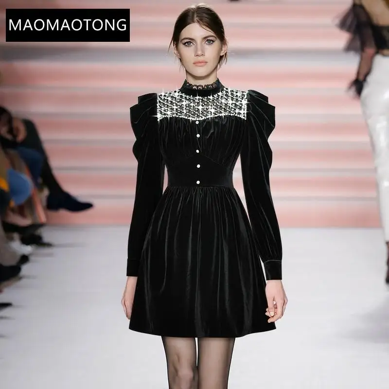 

Fashion Designer Autumn Dresses Women's Stand-up collar Beading Long sleeve Black Short Velvet Dress