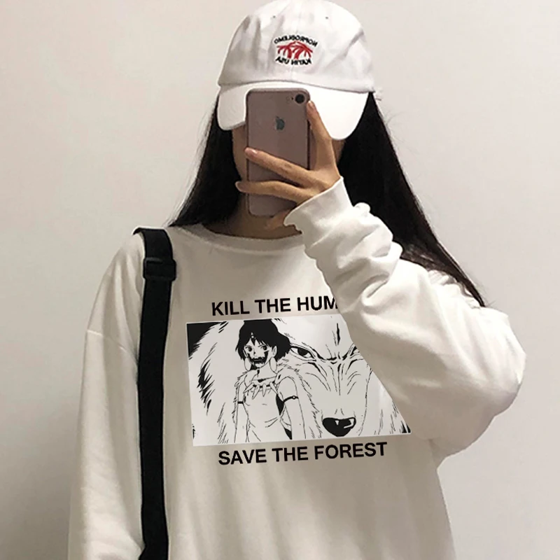 

Толстовки с капюшоном для принцессы Mononoke 2021 y2k Топ harajuku Хип-хоп kpop эстетика d корейский Графический Топ Женский свитшот с длинным рукавом