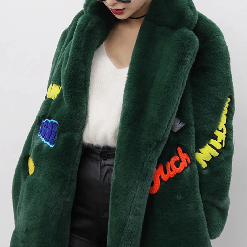 Winter Faux Fur Coat Women Warm Soft Fluffy Long Jacket Fashion Letter Warm Black Brown Green Faux Fur Jackets Overcoat Female
