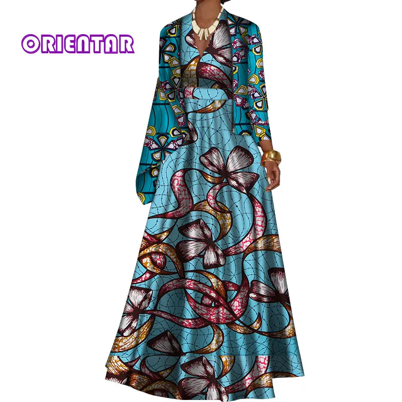 African Clothes For Women Long Dresses with Jacket Coat Bazin Riche African Print Elegant Deep V Neck Evening Party Dress WY491