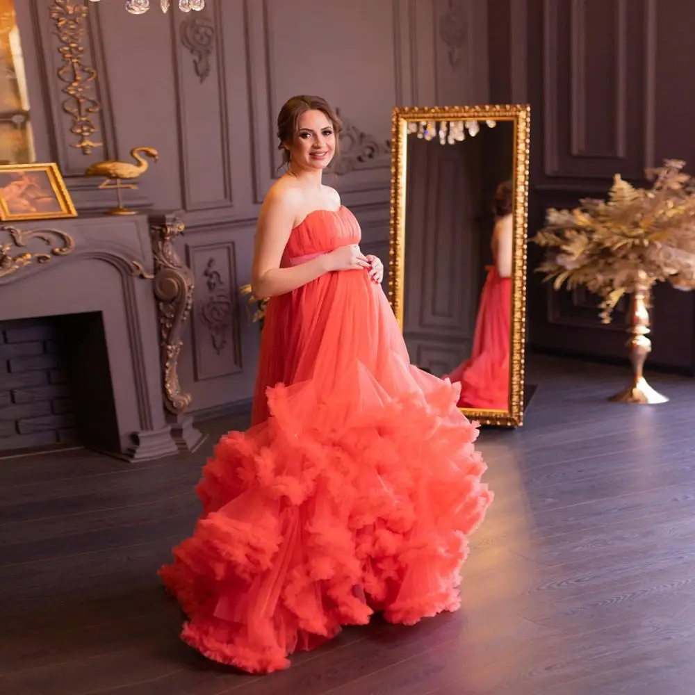 

New Bridal Ruffled Tulle Dress 2021 Women Maternity Tulle Dressing Gowns Long Party Dresses Photo Shoot Prom Dresses Custom Made