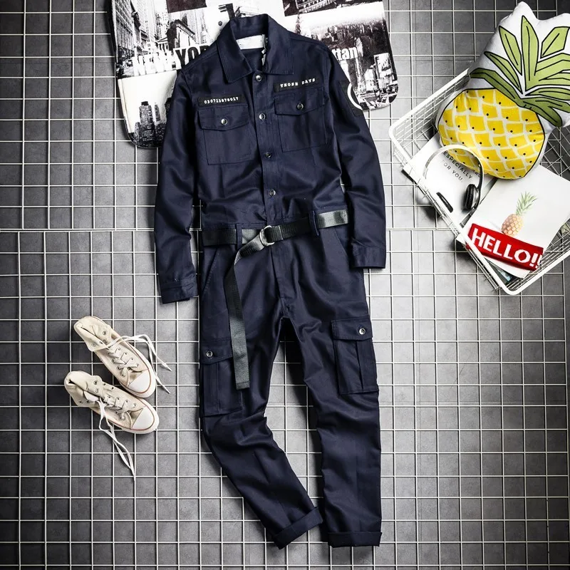 

Fashion Mens Hip Hop One Piece Cargo Jumpsuit Long Sleeve Streetwear Man Joggers Bib Overalls Sashes Pockets Work Rompers Pants