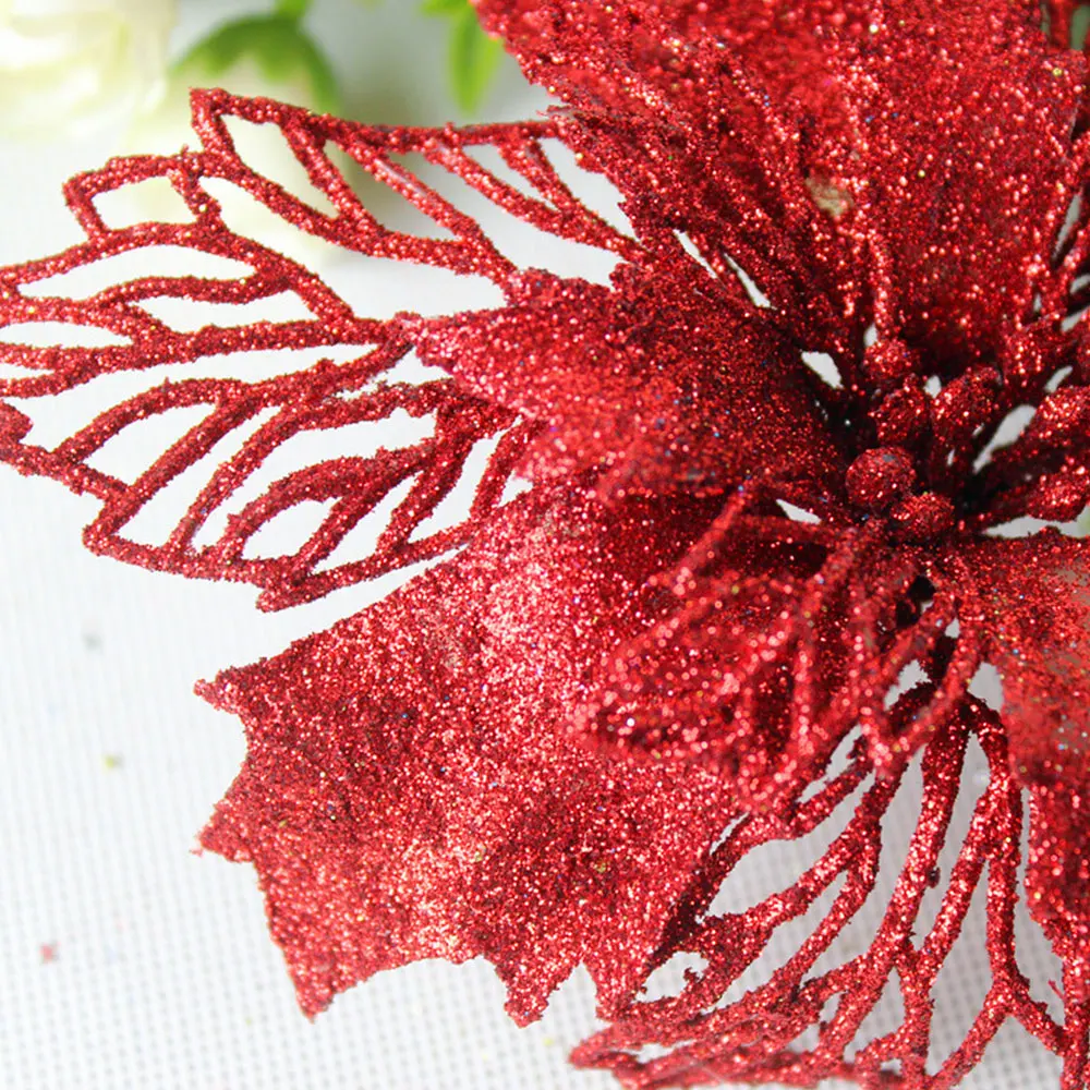 Poinsettia Рождественские цветы искусственные с блестками поддельные цветы домашний декор веселое Рождественское дерево украшения для рождественской елки