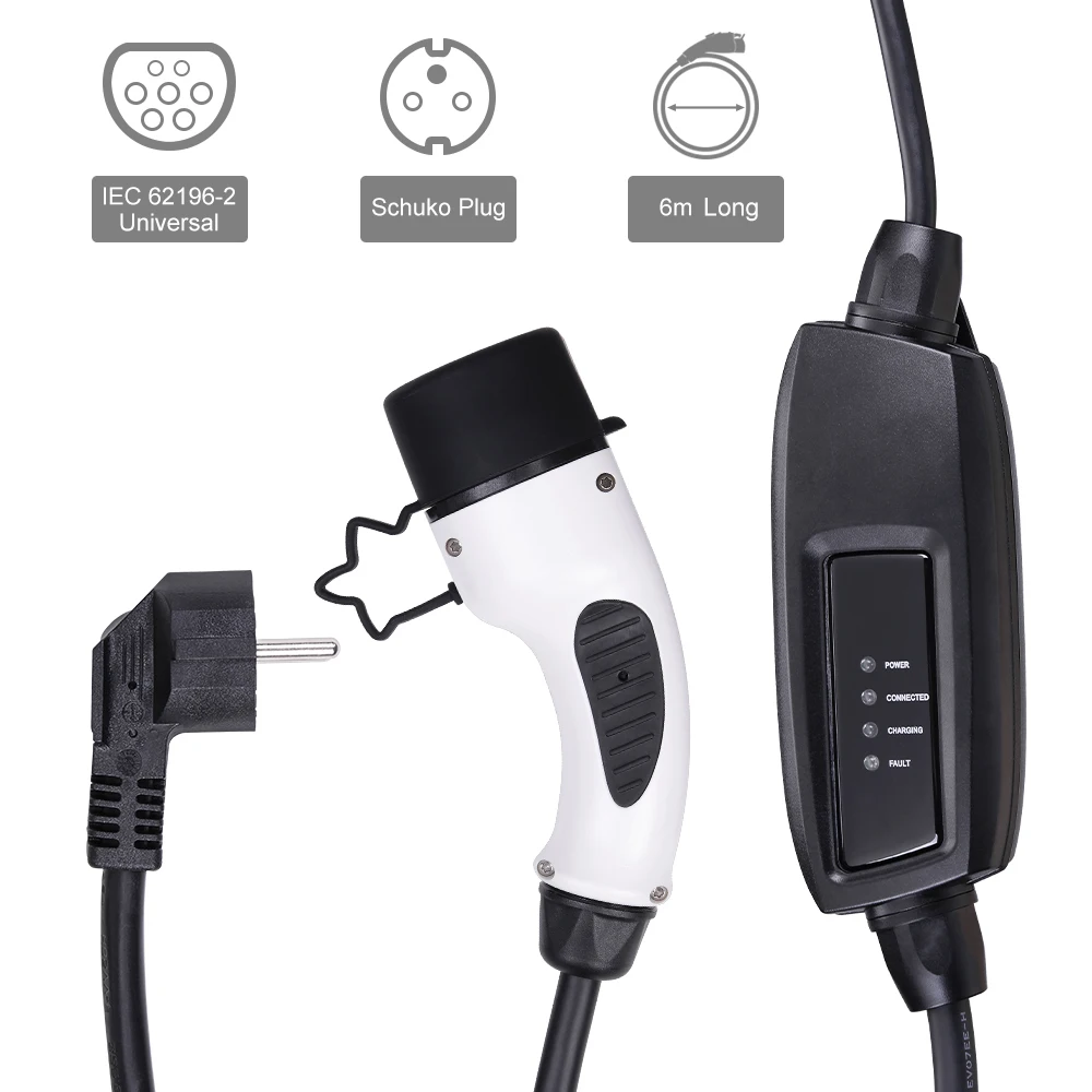 Портативный зарядный кабель EVSE 16A Schuko Универсальный IEC 62196-2 типа 2 для автомобиля 6