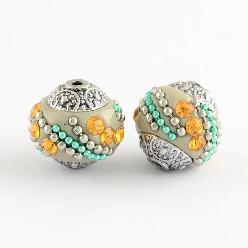 DarkKhaki 10 шт. 15 мм круглые бусины ручной работы из Индонезии, стразы и сплавные сердечники, античное серебро, металл, разные цвета, для ювелирных изделий своими руками - Цвет: DarkKhaki