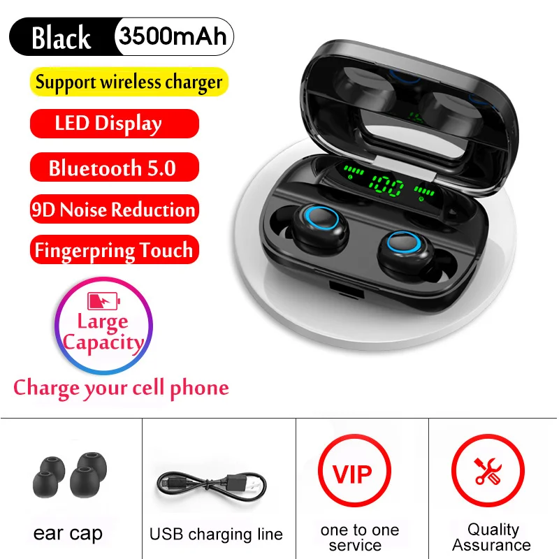 LED wireless black Беспроводные наушники S11 с bluetooth 5,0, tws, беспроводные Игровые наушники, зарядный чехол, светодиодный дисплей, 9D, стерео гарнитура, беспроводное зарядное устройство - Цвет: LED wireless black