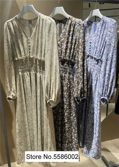 

Ladies 2021 Spring New Floral Printed V Neckline Long Sleeve Midi Dress With Elastic Waist